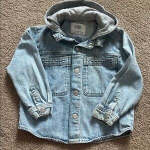 Zara Kids Light Blue Denim Jacket with Soft Gray Hood